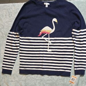 Charter Club Navy & White Striped Crewneck Sweater with Flamingo